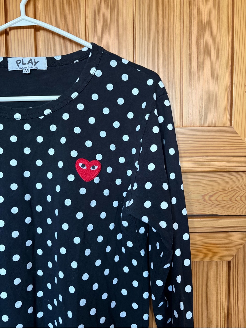 Comme des Garçons PLAY Black Polka Dot Long Sleeve Tee with Red Heart Logo